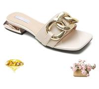 DXZXDJIU Sandalias de tacón grueso for mujer con cadena decorativa - Sandalias de playa informales de verano con punta abierta(Apricot Color,39)