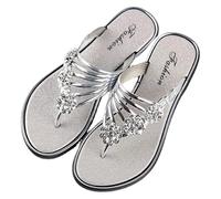 DXZXDJIU Sandalias planas cómodas for mujer con flor de diamantes de imitación brillantes - Chanclas de tira antideslizantes, sin cordones y con punta abierta(Silver,40)