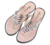 DXZXDJIU Sandalias planas cómodas for mujer con flor de diamantes de imitación brillantes - Chanclas de tira antideslizantes, sin cordones y con punta abierta(Gold,38)