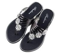 DXZXDJIU Sandalias planas cómodas for mujer con flor de diamantes de imitación brillantes - Chanclas de tira antideslizantes, sin cordones y con punta abierta(Black,41)