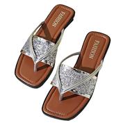 DXZXDJIU Sandalias planas con lentejuelas brillantes for mujer: elegantes chanclas con punta cuadrada de diamantes de imitación, sandalias con brillo for verano, zapatillas de playa(Silver,42)