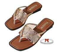 DXZXDJIU Sandalias planas con lentejuelas brillantes for mujer: elegantes chanclas con punta cuadrada de diamantes de imitación, sandalias con brillo for verano, zapatillas de playa(Gold,41)
