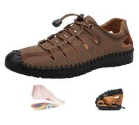 DXZXDJIU Sandalias transpirables de verano for hombre, elegantes, hechas a mano, de cuero, antideslizantes, planas, con punta cerrada, impermeables.(Khaki,39)