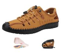 DXZXDJIU Sandalias transpirables de verano for hombre, elegantes, hechas a mano, de cuero, antideslizantes, planas, con punta cerrada, impermeables.(Brown,38)
