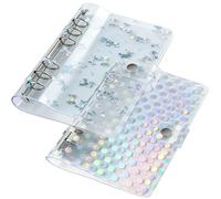 DY.2ten Carpeta A6 de 6 anillas, paquete de 2 fundas transparentes para cuaderno, PVC suave (patrones holográficos redondos y lazos)