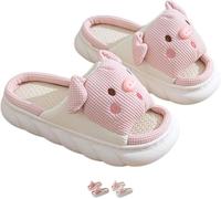 Dybag Pantuflas de cerdo lindas pantuflas de dibujos animados para mujer, sandalias de lino para las cuatro estaciones, pantuflas de punta abierta, pantuflas para interiores, Rosado, 4-5.5 Narrow