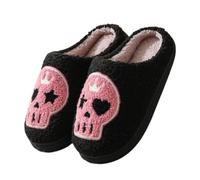 Dybag Pantuflas de Halloween, zapatos de casa de felpa de calavera, antideslizantes, cálidas, para invierno, para parejas, Negro -, 9-10 Women/8.5-9.5 Narrow Men