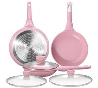 DYGG 6 PCS Juego Sartenes Antiadherentes 20, 26 y 28 cm con Tapa - Sartén Rosa Sin Tóxicos, Granito Antiadherente 100% Libre PFAS PFOA, Compatible Inducción, Gas y Todas Cocinas