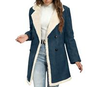 Dyhxuan Abrigo de invierno para mujer, con solapa, de ante con forro, chaqueta de invierno con doble botonadura, chaqueta de ante larga, elegante abrigo de invierno, azul oscuro, S
