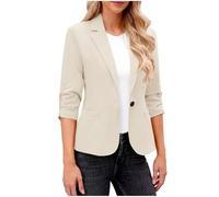 Dyhxuan Blazer Chaqueta elegante de manga 3/4 para mujer, informal, deportiva, cuello de solapa, traje frontal abierto, chaqueta de traje, gabardina, chaqueta de negocios, para oficina, beige, S