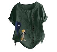 Dyhxuan Blusa de lino de algodón para mujer, camisetas de verano de manga corta, camiseta informal de un solo color, jersey con estampado simple, camisas, blusas sueltas de talla grande, cuello