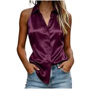 Dyhxuan Blusa de satén para mujer, sin mangas, cuello en V, blusas con botones, elegante monocolor, parte superior básica, sin mangas, de seda, morado, XXL