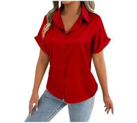 Dyhxuan Blusa para mujer, elegante, monocolor, satén, seda, manga corta, camisa de verano, cuello de pico, blusa de verano, elegante, para negocios, blusas sueltas, rojo, XXL