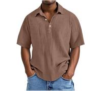 Dyhxuan Camisa de lino para hombre, de verano, manga corta, con botones, de algodón, monocolor, informal, ligera, jersey de verano, tallas grandes, camisa de ocio, suave y cómoda, marrón, XL