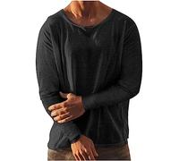 Dyhxuan Camiseta básica de manga larga para hombre, vintage, de manga larga, holgada, cuello redondo, camiseta ligera de lino, informal, monocolor, cómoda, versátil, camiseta deportiva, Negro , L