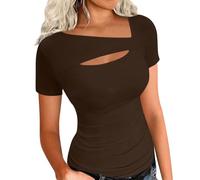 Dyhxuan Camiseta básica para mujer, corte ajustado, camiseta acanalada, cuello asimétrico, manga corta, elástica, verano, informal, blusa elegante, monocolor, café, L