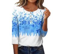 Dyhxuan Camiseta de manga 3/4 para mujer, estampado de flores en 3D, con botones, cuello redondo, blusa elegante, túnica, parte superior moderna, azul, XL