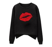 Dyhxuan Camiseta de manga larga con cuello redondo para mujer, suéter de otoño e invierno, sudadera para mujer, informal, estampado de labios rojos, camisetas de manga larga, holgadas, sudaderas para