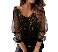 Dyhxuan Camiseta de manga larga para mujer, de tul, de manga larga, con cuello de pico, túnica monocolor, para otoño e invierno, para todo tipo de combinación, blusa de noche, fiesta, club, blusas