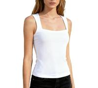 Dyhxuan Camiseta de tirantes para mujer, sin mangas, cuello cuadrado, corte ajustado, monocolor, parte superior, básica, verano, camiseta ligera para mujer, Blanco, XL