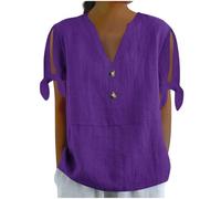 Dyhxuan Camiseta de verano para mujer, manga corta, cuello en V, blusa de lino con botones decorativos, blusa de lino suelta, informal, camiseta de color liso, elegante blusa de verano, morado, XL
