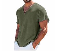 Dyhxuan Camiseta para hombre vintage de verano de lino suelta, cuello en V, monocolor, camiseta de lino, informal, ligera, transpirable, camiseta para hombre, Verde militar., S
