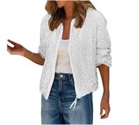 Dyhxuan Chaqueta brillante para mujer, chaqueta bomber de lentejuelas, para fiesta, informal, de manga larga, con cremallera, moda urbana, Blanco, S