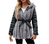 Dyhxuan Chaqueta de piel sintética para mujer con capucha, chaqueta de piel sintética, patchwork, manga larga, chaqueta de piel de moda, con cinturón, tallas grandes, chaqueta cálida de invierno