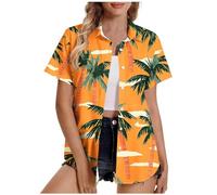 Dyhxuan Hawaii Outfits Damen Sommer Kurzarm Hawaii Bluse Palmen Aufdruck Hemdbluse Große Größen Sommerbluse Elegant Blusenshirt Hawaiihemd Button Down Kurzarm Hemd Strand Urlaub Shirt Tops, naranja, M