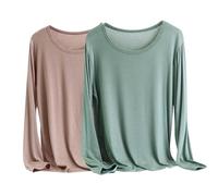 Dyhxuan Jersey básico para mujer, 2 piezas, modal de manga larga, informal, camiseta monocolor, suave, cómoda, camiseta larga, ligera, manga larga con cuello redondo, holgada, camiseta de pijama,