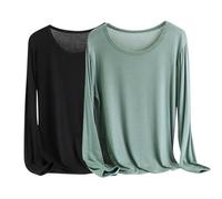 Dyhxuan Jersey básico para mujer, 2 piezas, modal de manga larga, informal, camiseta monocolor, suave, cómoda, camiseta larga, ligera, manga larga con cuello redondo, holgada, camiseta de pijama,