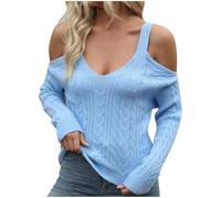 Dyhxuan Jersey de punto para mujer, cuello de pico, jersey con hombros descubiertos, sudadera moderna monocromática para invierno, cálido, manga larga, corte ajustado, camiseta de manga larga, cómoda,