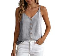 Dyhxuan Top de espagueti para mujer, con botones, cuello en V, chaleco de verano, sin mangas, ligero, camiseta interior de algodón, parte superior, gris, S