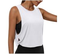 Dyhxuan Top deportivo para mujer, corto, fitness, yoga, sin mangas, camiseta deportiva monocolor, cuello redondo, camiseta deportiva lateral hueca, camiseta de verano, ligera, transpirable, camiseta