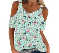 Dyhxuan Top sin hombros para mujer, tirantes de moda, camiseta de manga corta, camiseta vintage con estampado floral, camiseta holgada, blusa ligera de verano, camiseta transpirable, túnica, verde, M