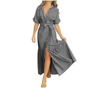 Dyhxuan Vestido blusa a rayas para mujer, ligero y aireado, vestido de verano, manga corta, vestido informal, elegante, vestido camisero, a rayas, con bolsillo, Negro , S