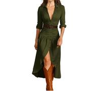 Dyhxuan Vestido boho para mujer, sexy, cuello en V, blusa, manga larga, vestido informal, con botones, solapa, vestido camisero, vestido de vaquera, vestido maxi con cinturón, elegante túnica, Verde