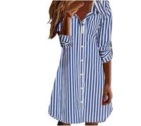 Dyhxuan Vestido camisero para mujer, de manga larga, a rayas, largo hasta la rodilla, con solapa, vestido de verano, ligero, vestido de camisa, a rayas, vestido informal, verano, otoño, túnica, azul