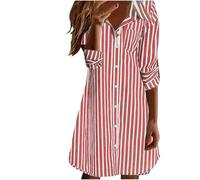 Dyhxuan Vestido camisero para mujer, de manga larga, a rayas, largo hasta la rodilla, con solapa, vestido de verano, ligero, vestido de camisa, a rayas, vestido informal, verano, otoño, túnica, rojo