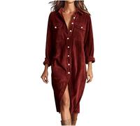 Dyhxuan Vestido camisero para mujer, largo de pana de manga larga, vestido de pana con botones, vestido de invierno, informal, para otoño e invierno, Vino, L
