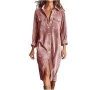 Dyhxuan Vestido camisero para mujer, largo de pana de manga larga, vestido de pana con botones, vestido de invierno, informal, para otoño e invierno, Rosa., M