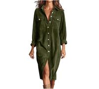 Dyhxuan Vestido camisero para mujer, largo de pana de manga larga, vestido de pana con botones, vestido de invierno, informal, para otoño e invierno, Verde militar., XL