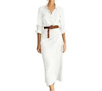 Dyhxuan Vestido de blusa para mujer, largo de manga larga, con botones, cuello en V, monocolor, vestido maxi con cinturón, vestido informal túnica, Blanco, L