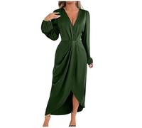 Dyhxuan Vestido de noche largo de manga larga de satén, sexy, cuello en V, vestido envolvente, elegante, vestido de invitado de boda, vestido maxi de cóctel, Verde militar., XL