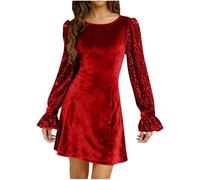 Dyhxuan Vestido de terciopelo para mujer, manga larga, vestido de noche, monocolor, cuello redondo, vestido de invierno, vestido de fiesta, elegante, vestido de Nochevieja, rojo, M