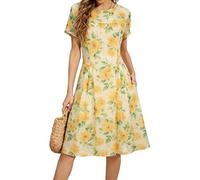 Dyhxuan Vestido de verano para mujer, de gasa, manga corta, estampado floral, elegante, cuello redondo, largo hasta la rodilla, línea A, vestido de verano para la playa, amarillo, XXL