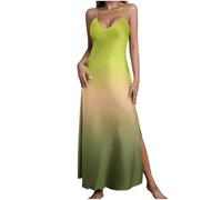 Dyhxuan Vestido largo sexy para mujer, cuello en V, con tirantes, degradado de satén, sin mangas, tirantes finos, vestido de cóctel maxi con abertura lateral, amarillo, L