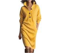 Dyhxuan Vestidos de invierno para mujer, vestido largo de punto, vestido de invierno, manga larga, elegante, vestido de punto, botones, cuello en V, jersey, vestido maxi con bolsillos, amarillo, L