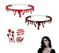 Dyiouxin Collar de sangre de Halloween, collar de sangre roja goteando, 2 unidades, vampiro, gotas de sangre, gargantilla y tatuaje espeluznante, para Halloween, disfraces, fiestas, cosplay