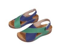 DYJAGYO Sandalias de mujer 2024, sandalias de suela gruesa, sandalias de tacón bajo con bloques de color, sandalias ortopédicas, sandalias de playa (Blue and Green,42)